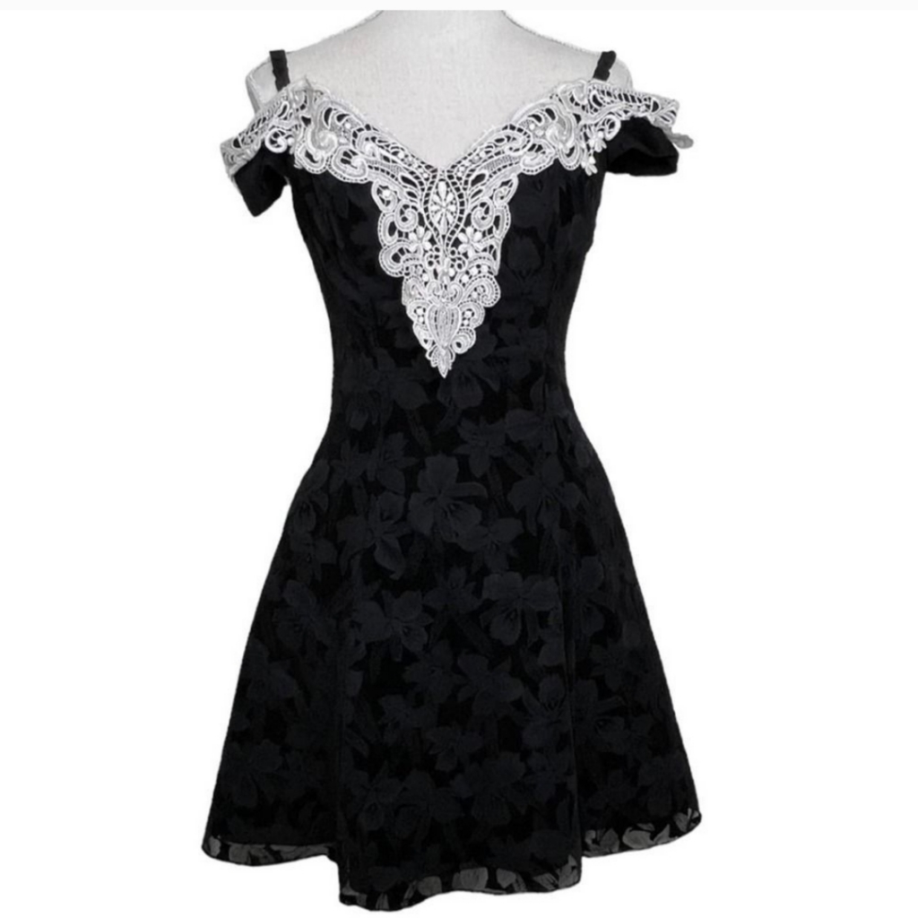 Women's Black & White Vtg 1980s Solid Color Floral Print Cocktail Dress Satin